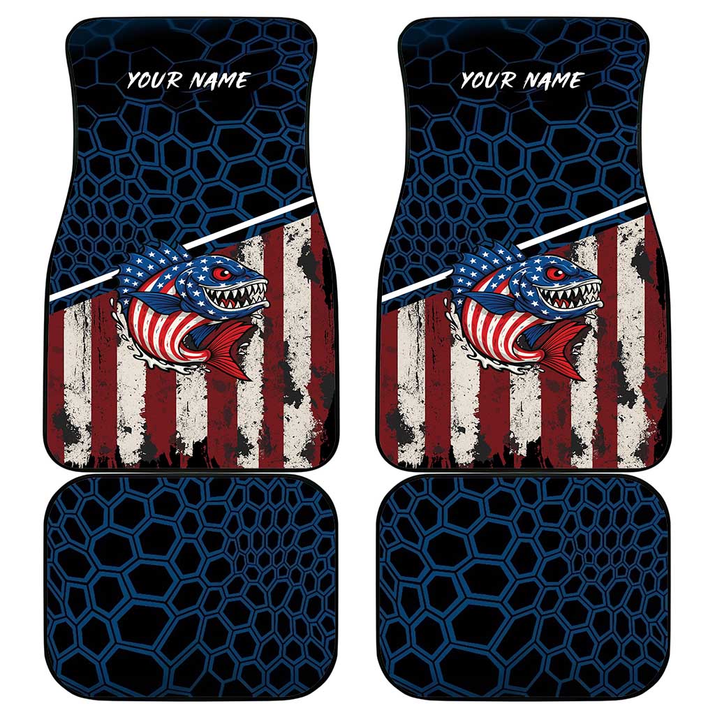 Aggressive Bass Fishing Car Mats with American Flag Pattern on Grunge Hex Background - Wonder Print Shop