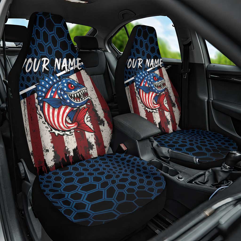 Aggressive Bass Fishing Car Seat Cover with American Flag Pattern on Grunge Hex Background - Wonder Print Shop