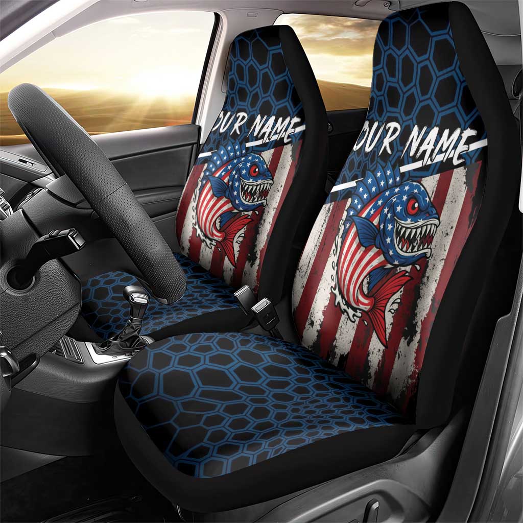 Aggressive Bass Fishing Car Seat Cover with American Flag Pattern on Grunge Hex Background - Wonder Print Shop