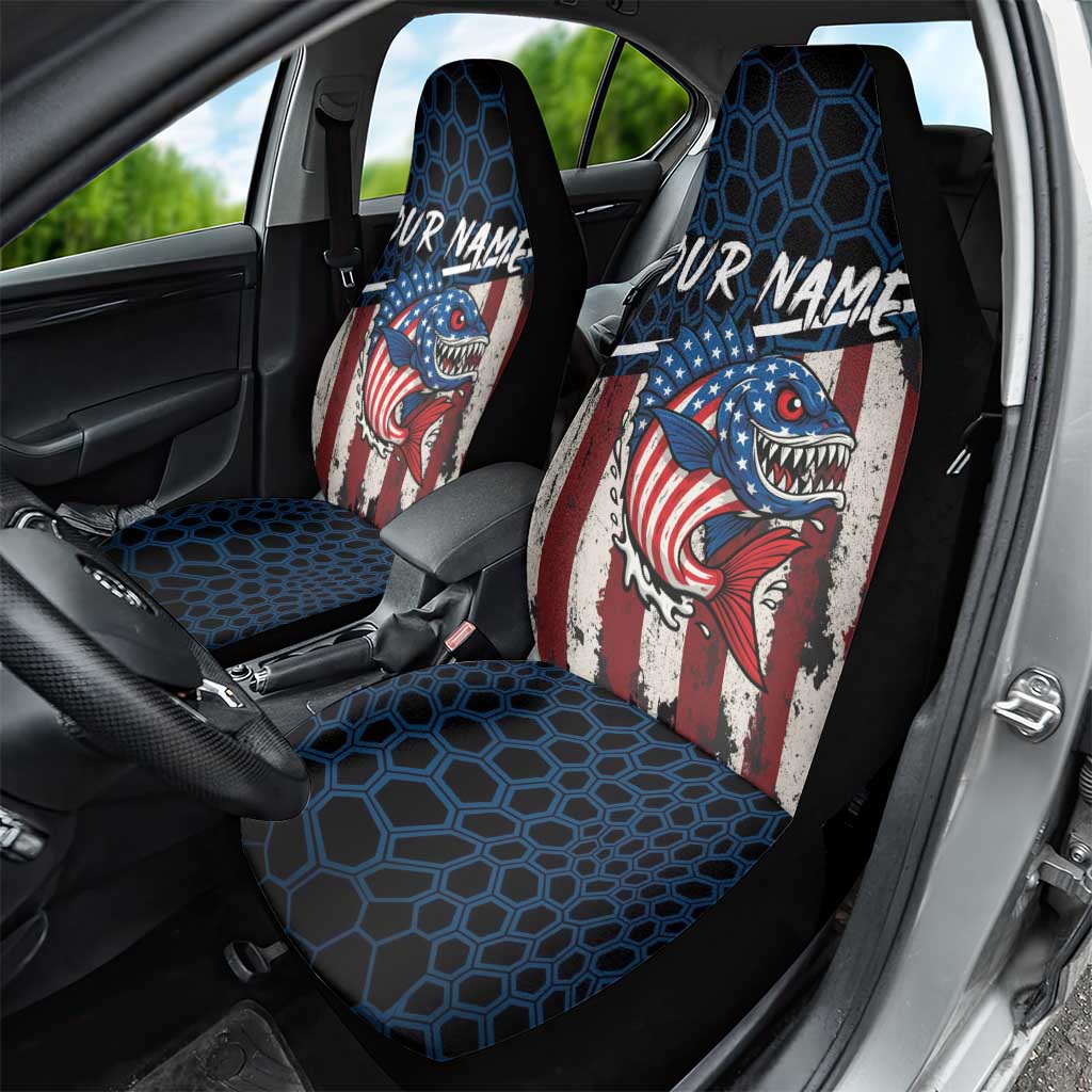 Aggressive Bass Fishing Car Seat Cover with American Flag Pattern on Grunge Hex Background - Wonder Print Shop