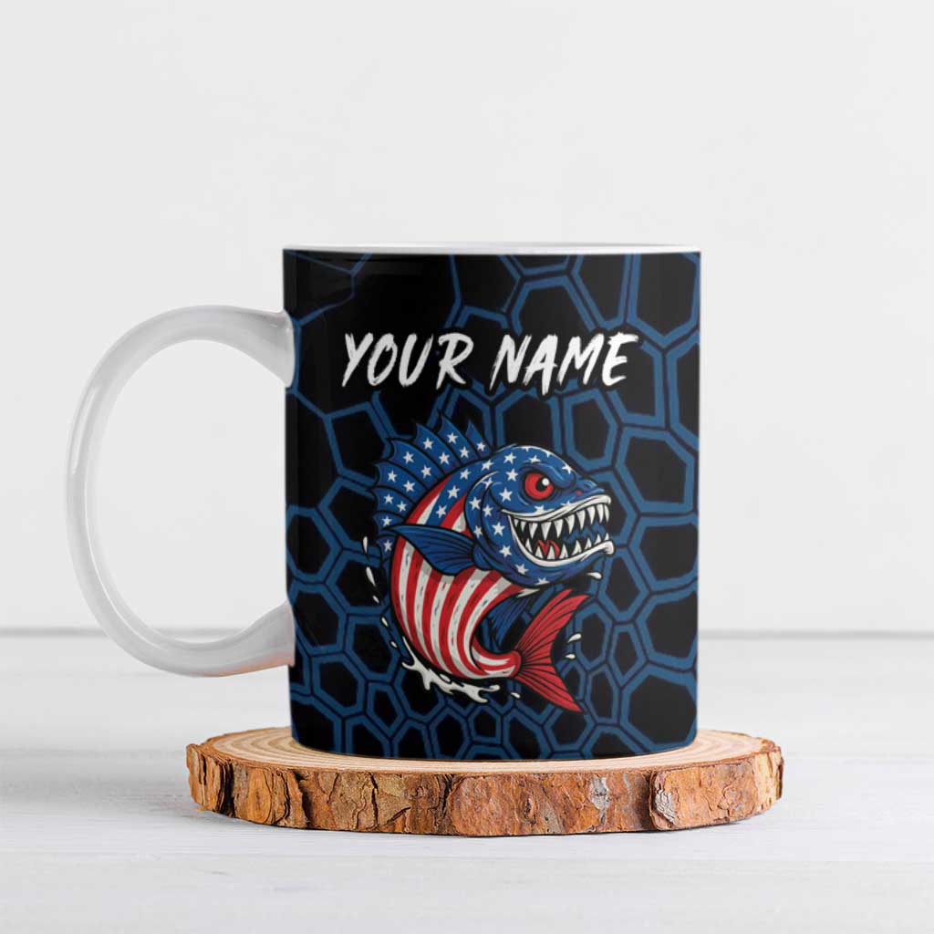 Aggressive Bass Fishing Ceramic Mug with American Flag Pattern on Grunge Hex Background - Wonder Print Shop