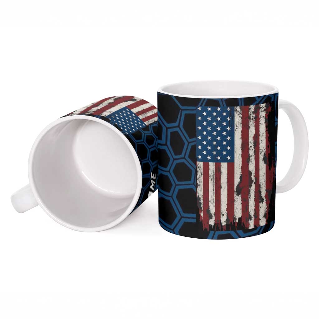 Aggressive Bass Fishing Ceramic Mug with American Flag Pattern on Grunge Hex Background - Wonder Print Shop