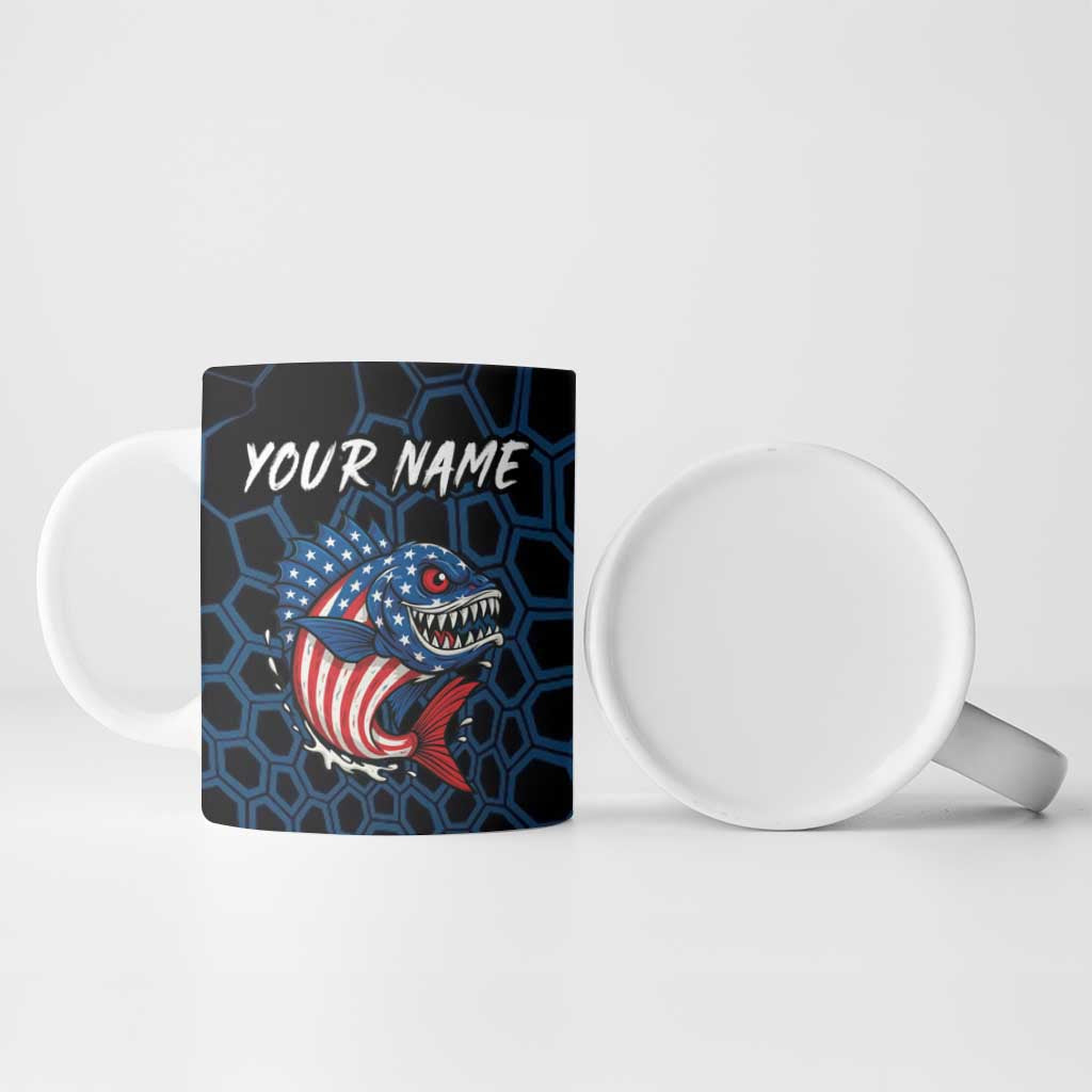 Aggressive Bass Fishing Ceramic Mug with American Flag Pattern on Grunge Hex Background - Wonder Print Shop
