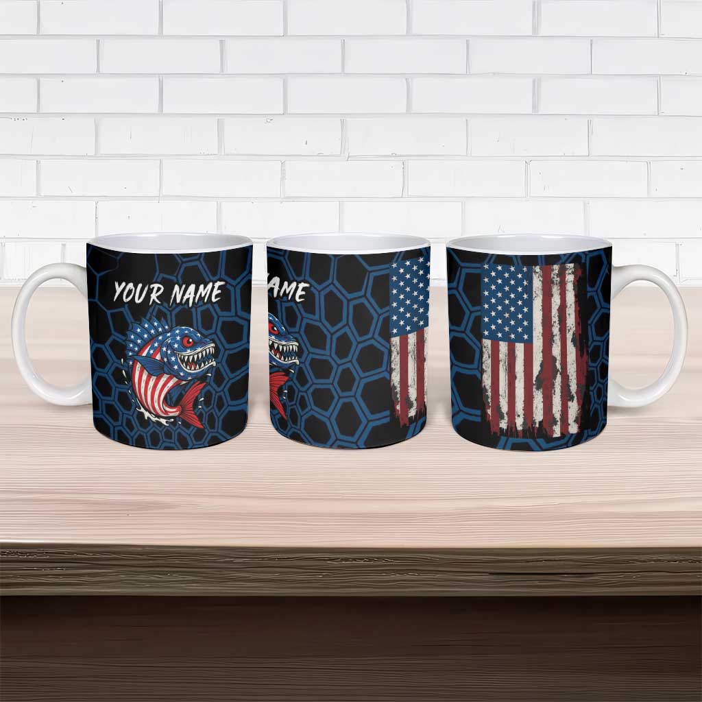 Aggressive Bass Fishing Ceramic Mug with American Flag Pattern on Grunge Hex Background - Wonder Print Shop