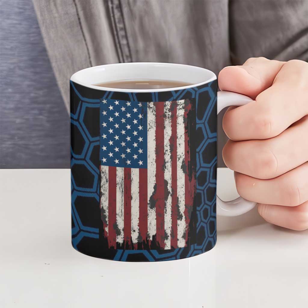 Aggressive Bass Fishing Ceramic Mug with American Flag Pattern on Grunge Hex Background - Wonder Print Shop