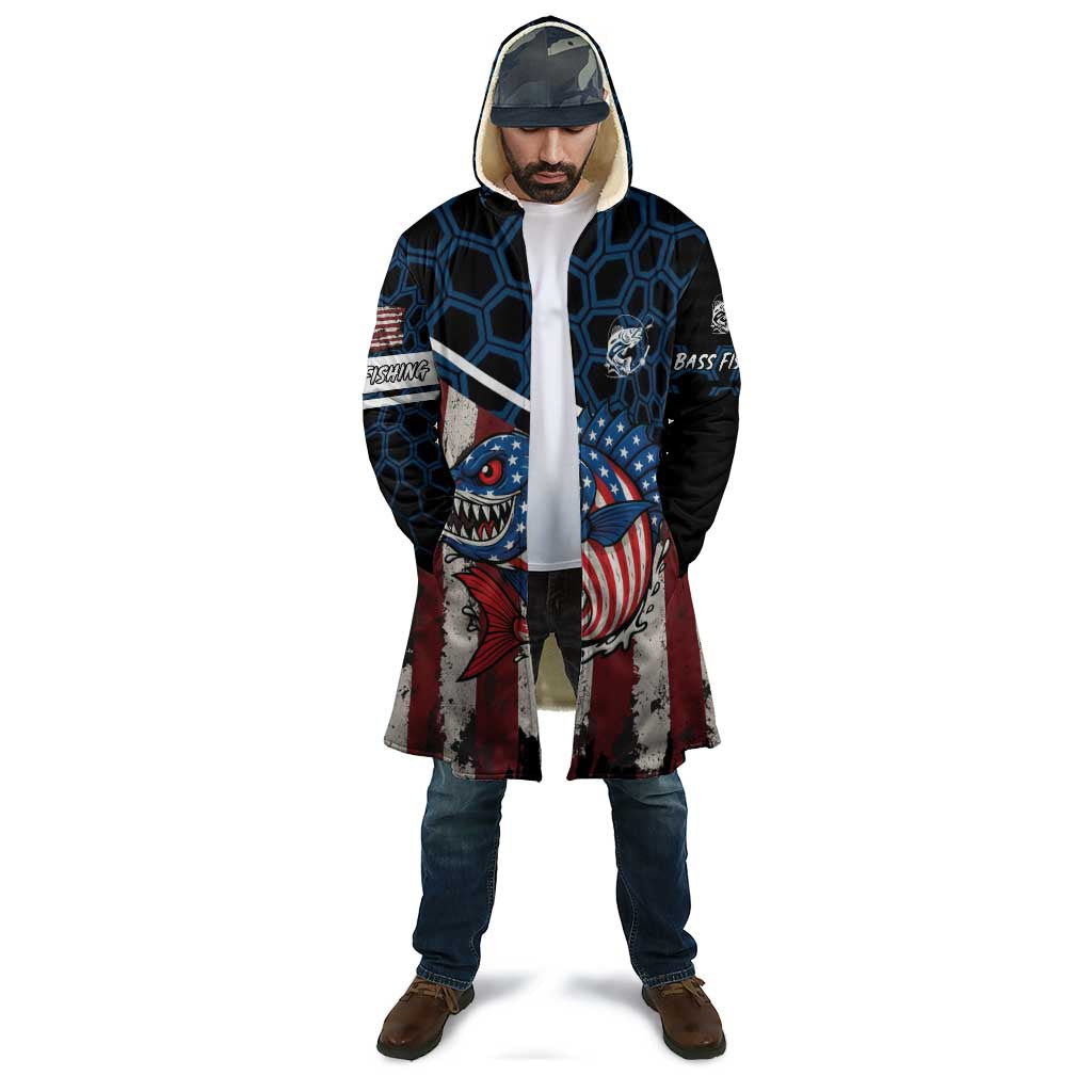 Aggressive Bass Fishing Cloak with American Flag Pattern on Grunge Hex Background - Wonder Print Shop