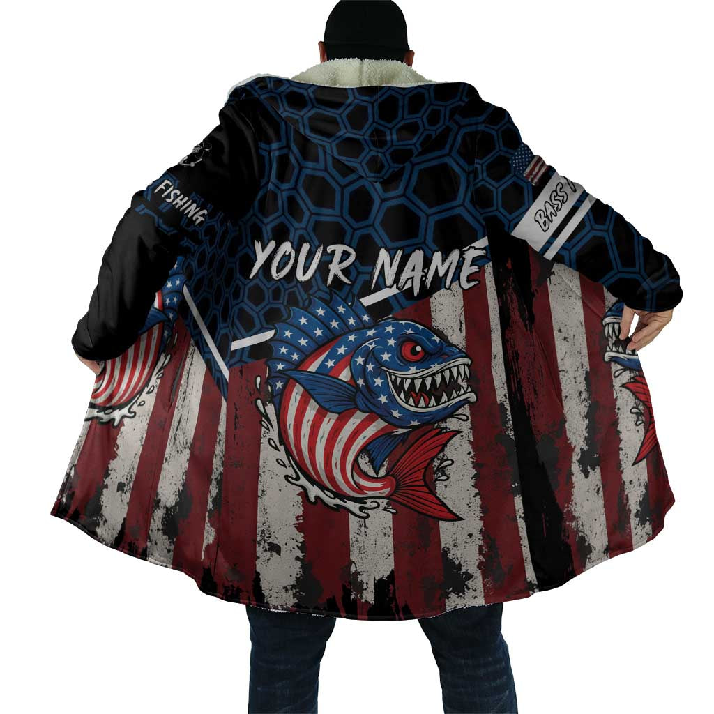 Aggressive Bass Fishing Cloak with American Flag Pattern on Grunge Hex Background - Wonder Print Shop
