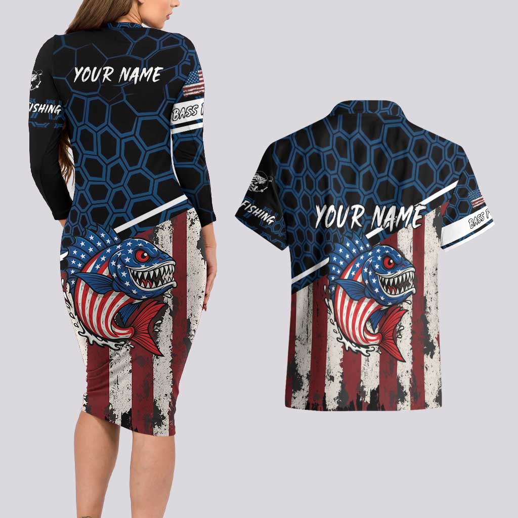 Aggressive Bass Fishing Couples Matching Long Sleeve Bodycon Dress and Hawaiian Shirt with American Flag Pattern on Grunge Hex Background - Wonder Print Shop