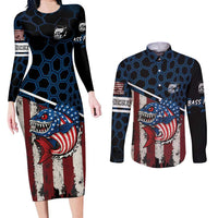 Aggressive Bass Fishing Couples Matching Long Sleeve Bodycon Dress and Long Sleeve Button Shirt with American Flag Pattern on Grunge Hex Background - Wonder Print Shop