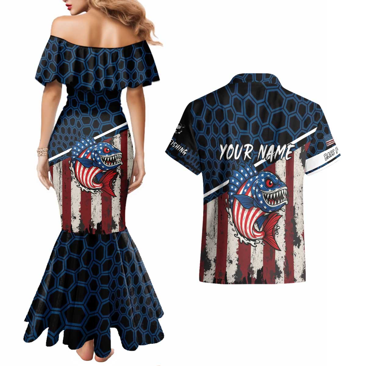 Aggressive Bass Fishing Couples Matching Mermaid Dress and Hawaiian Shirt with American Flag Pattern on Grunge Hex Background - Wonder Print Shop