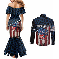 Aggressive Bass Fishing Couples Matching Mermaid Dress and Long Sleeve Button Shirt with American Flag Pattern on Grunge Hex Background - Wonder Print Shop