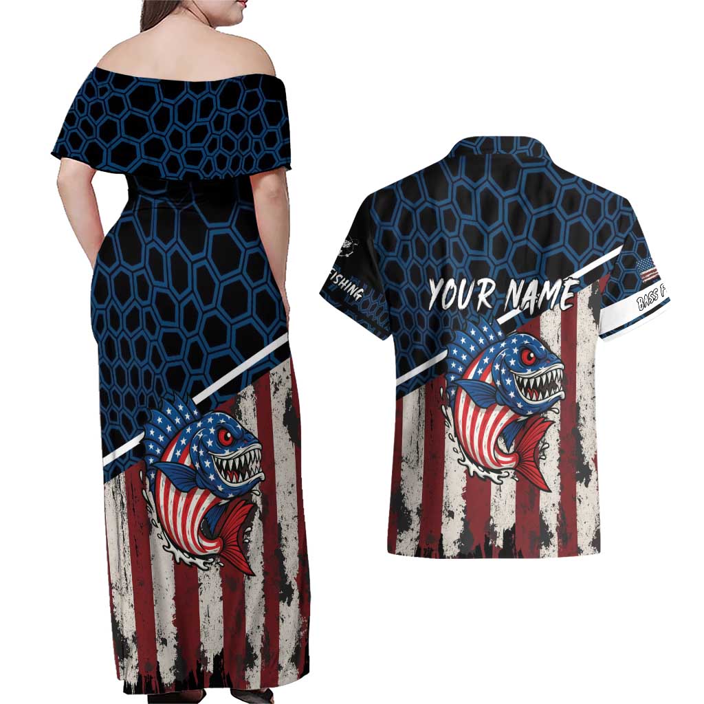 Aggressive Bass Fishing Couples Matching Off Shoulder Maxi Dress and Hawaiian Shirt with American Flag Pattern on Grunge Hex Background - Wonder Print Shop