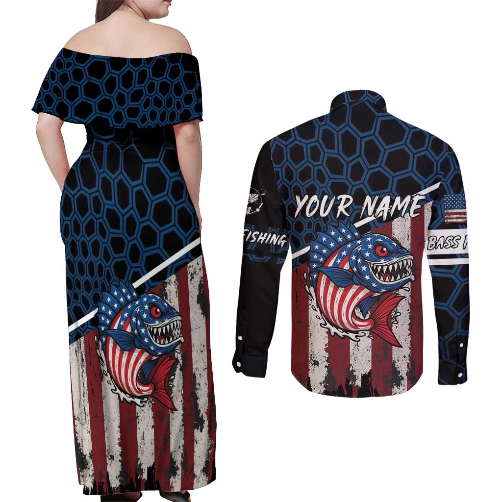 Aggressive Bass Fishing Couples Matching Off Shoulder Maxi Dress and Long Sleeve Button Shirt with American Flag Pattern on Grunge Hex Background - Wonder Print Shop