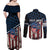 Aggressive Bass Fishing Couples Matching Off Shoulder Maxi Dress and Long Sleeve Button Shirt with American Flag Pattern on Grunge Hex Background - Wonder Print Shop
