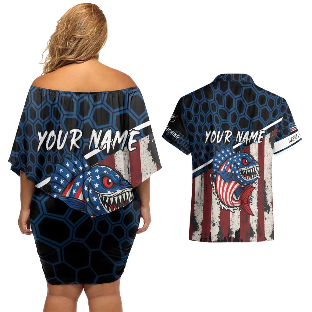 Aggressive Bass Fishing Couples Matching Off Shoulder Short Dress and Hawaiian Shirt with American Flag Pattern on Grunge Hex Background - Wonder Print Shop