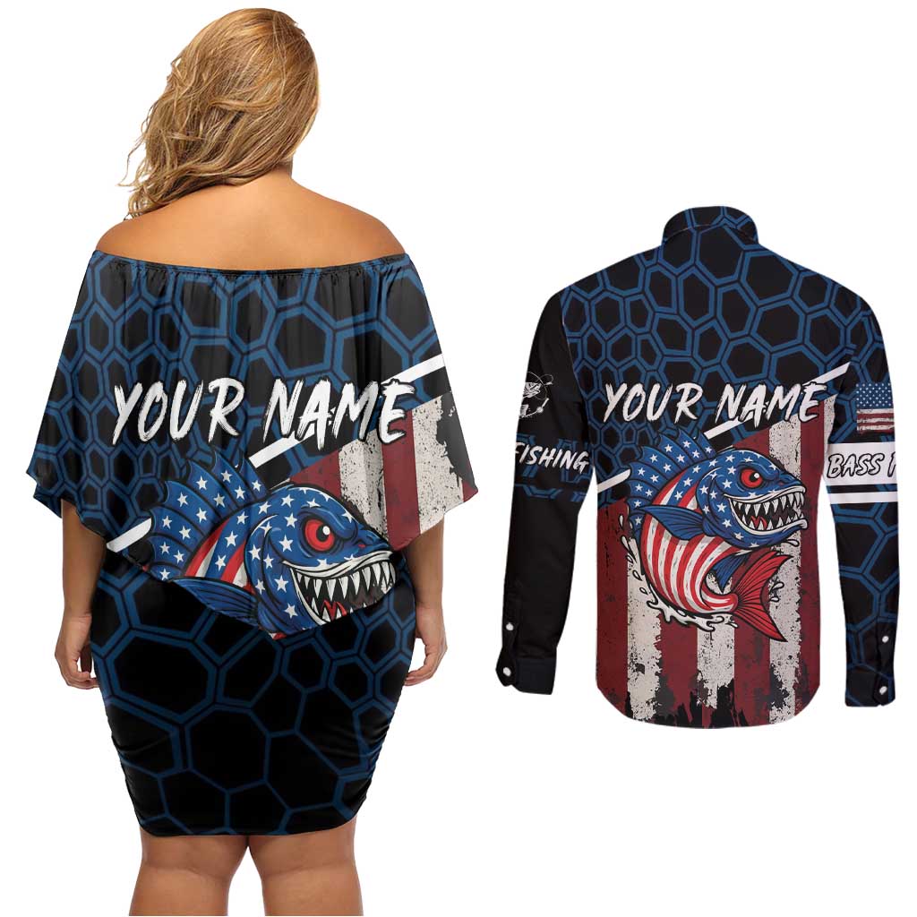 Aggressive Bass Fishing Couples Matching Off Shoulder Short Dress and Long Sleeve Button Shirt with American Flag Pattern on Grunge Hex Background - Wonder Print Shop