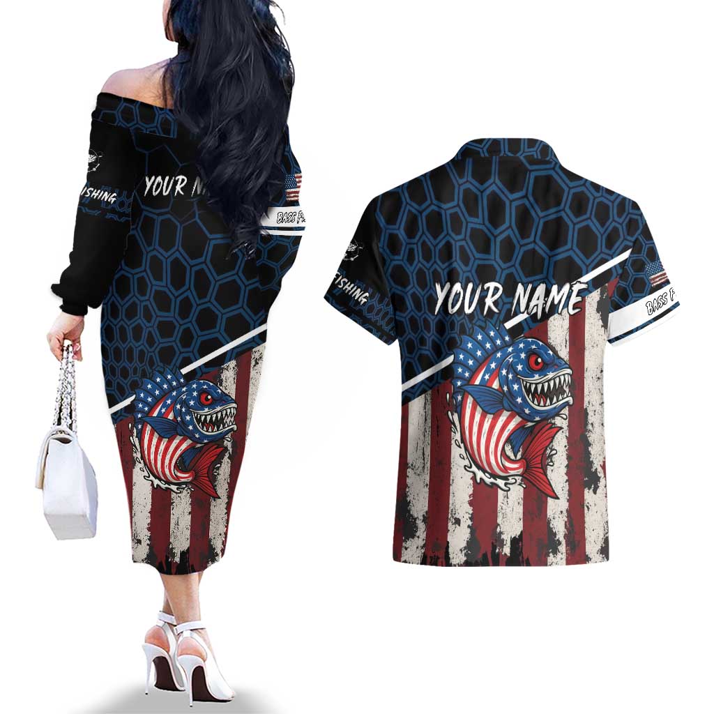 Aggressive Bass Fishing Couples Matching Off The Shoulder Long Sleeve Dress and Hawaiian Shirt with American Flag Pattern on Grunge Hex Background - Wonder Print Shop