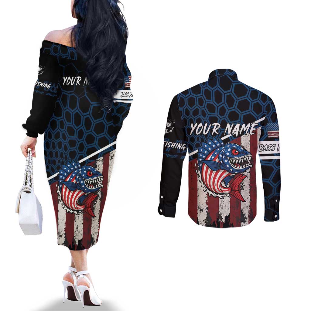 Aggressive Bass Fishing Couples Matching Off The Shoulder Long Sleeve Dress and Long Sleeve Button Shirt with American Flag Pattern on Grunge Hex Background - Wonder Print Shop