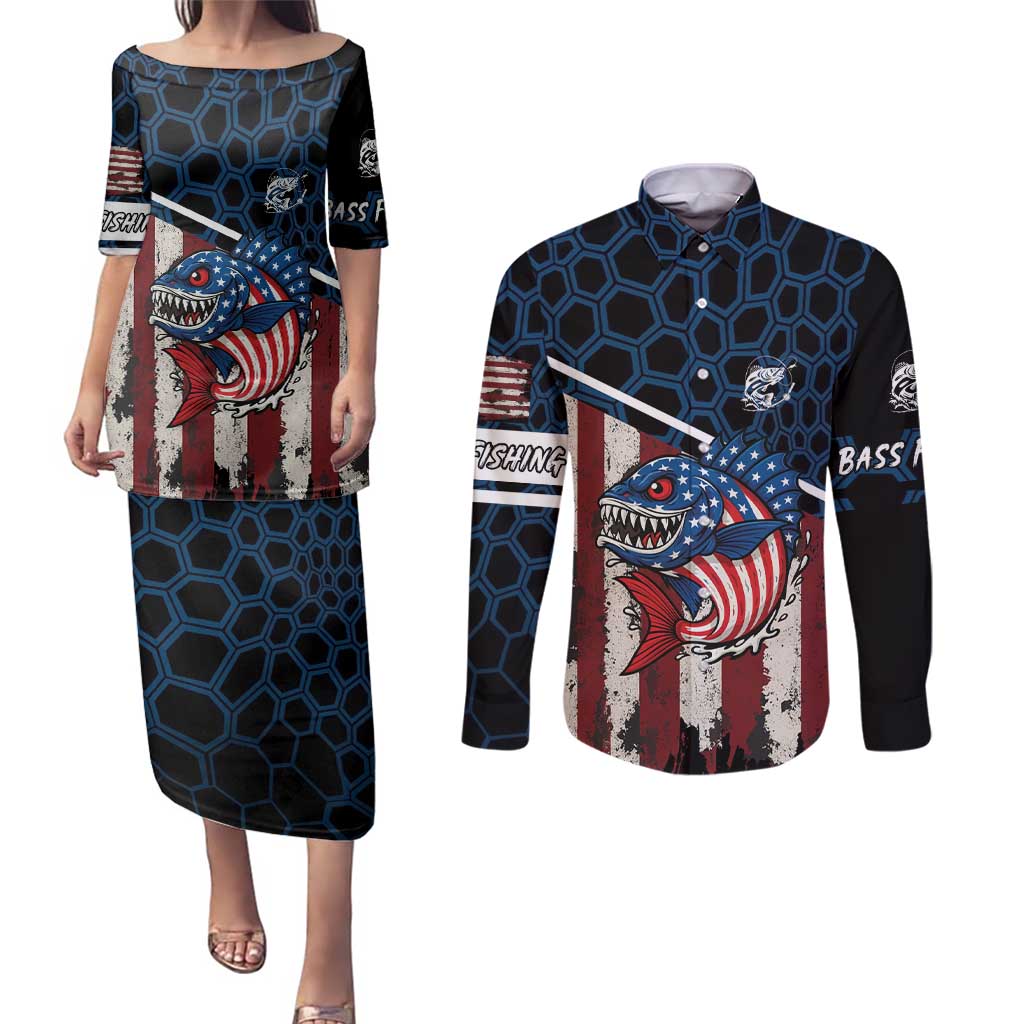 Aggressive Bass Fishing Couples Matching Puletasi and Long Sleeve Button Shirt with American Flag Pattern on Grunge Hex Background - Wonder Print Shop