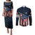 Aggressive Bass Fishing Couples Matching Puletasi and Long Sleeve Button Shirt with American Flag Pattern on Grunge Hex Background - Wonder Print Shop