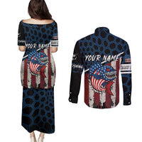 Aggressive Bass Fishing Couples Matching Puletasi and Long Sleeve Button Shirt with American Flag Pattern on Grunge Hex Background - Wonder Print Shop