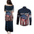 Aggressive Bass Fishing Couples Matching Puletasi and Long Sleeve Button Shirt with American Flag Pattern on Grunge Hex Background - Wonder Print Shop