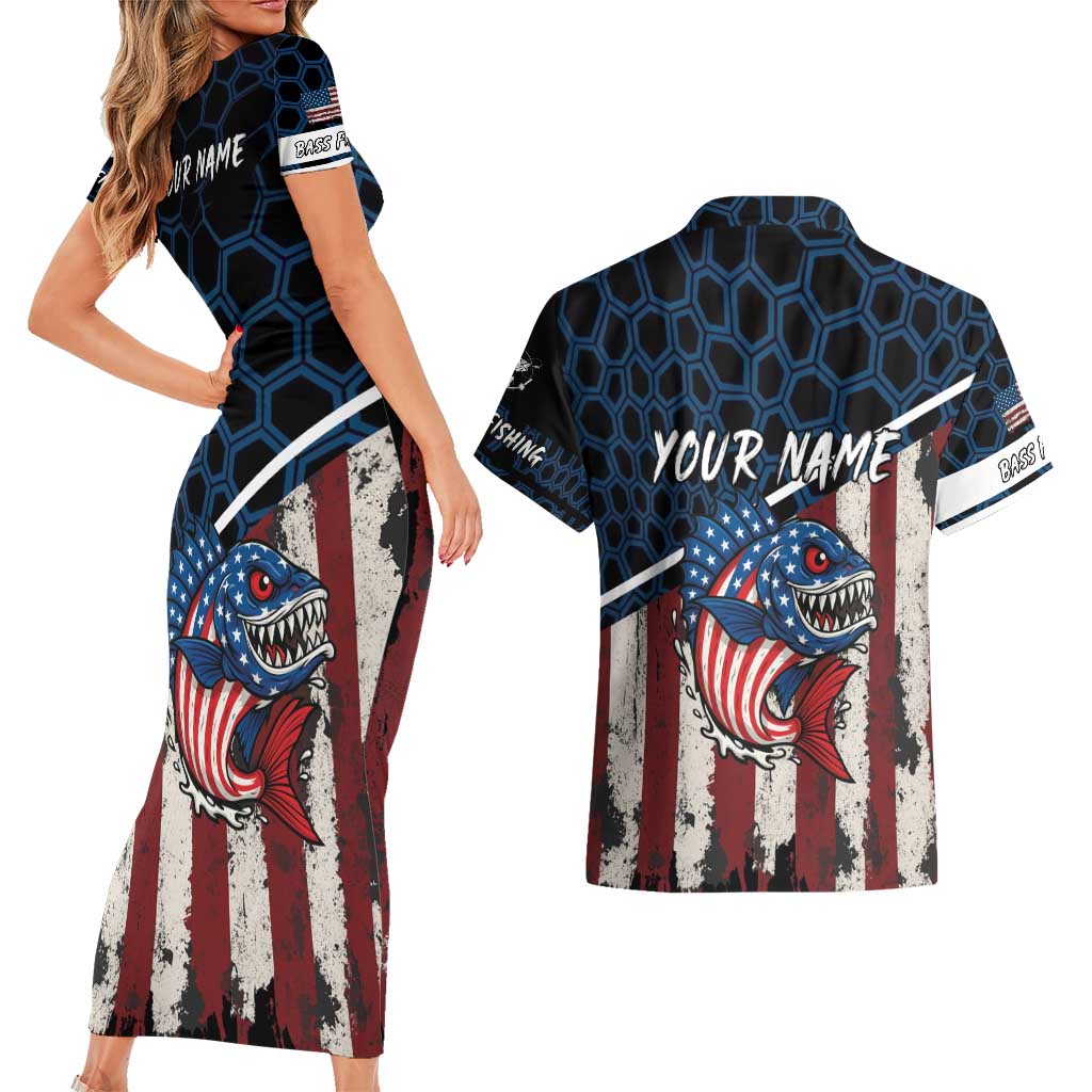 Aggressive Bass Fishing Couples Matching Short Sleeve Bodycon Dress and Hawaiian Shirt with American Flag Pattern on Grunge Hex Background - Wonder Print Shop