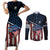 Aggressive Bass Fishing Couples Matching Short Sleeve Bodycon Dress and Long Sleeve Button Shirt with American Flag Pattern on Grunge Hex Background - Wonder Print Shop