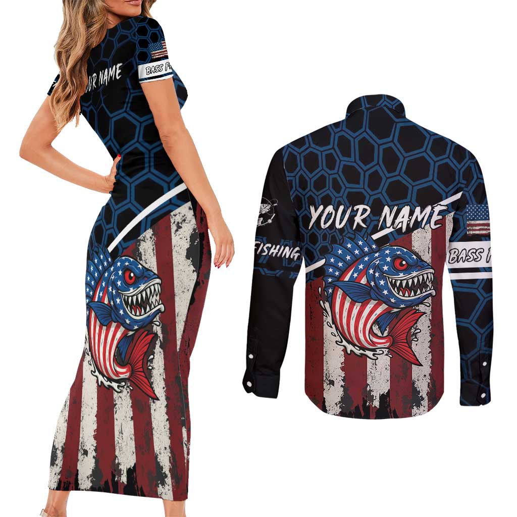 Aggressive Bass Fishing Couples Matching Short Sleeve Bodycon Dress and Long Sleeve Button Shirt with American Flag Pattern on Grunge Hex Background - Wonder Print Shop