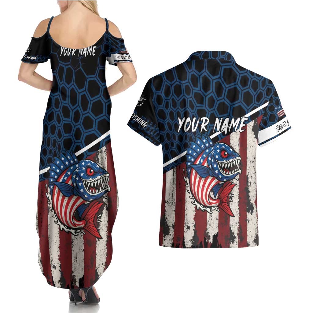 Aggressive Bass Fishing Couples Matching Summer Maxi Dress and Hawaiian Shirt with American Flag Pattern on Grunge Hex Background - Wonder Print Shop