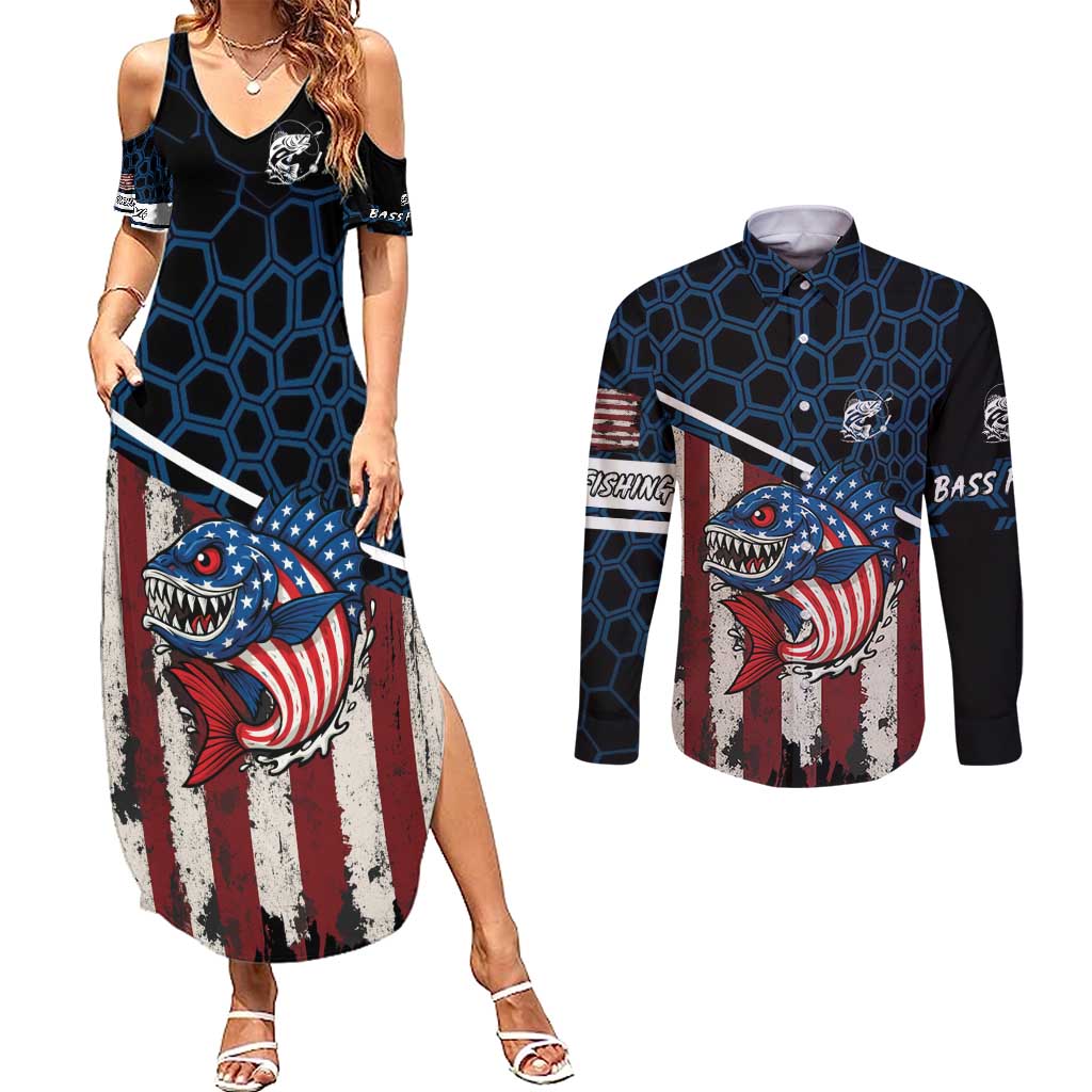 Aggressive Bass Fishing Couples Matching Summer Maxi Dress and Long Sleeve Button Shirt with American Flag Pattern on Grunge Hex Background - Wonder Print Shop