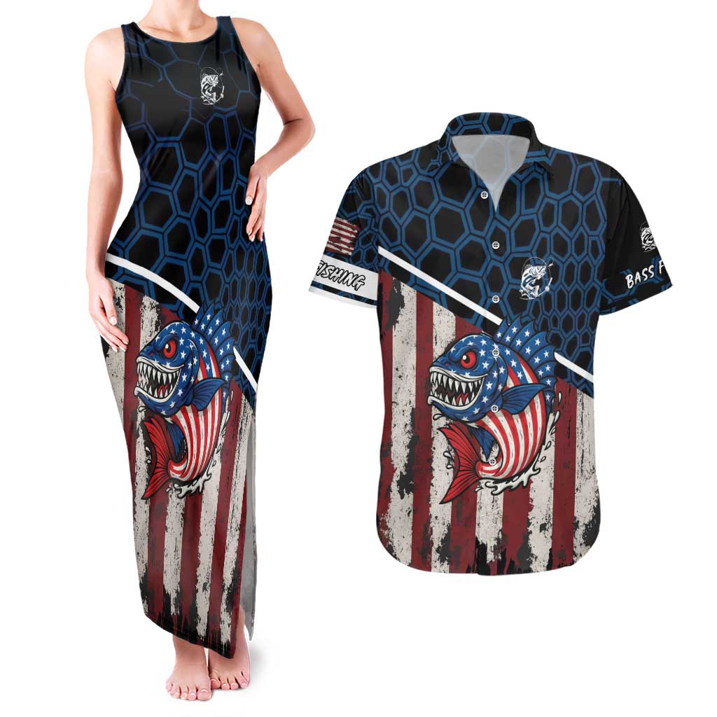 Aggressive Bass Fishing Couples Matching Tank Maxi Dress and Hawaiian Shirt with American Flag Pattern on Grunge Hex Background - Wonder Print Shop
