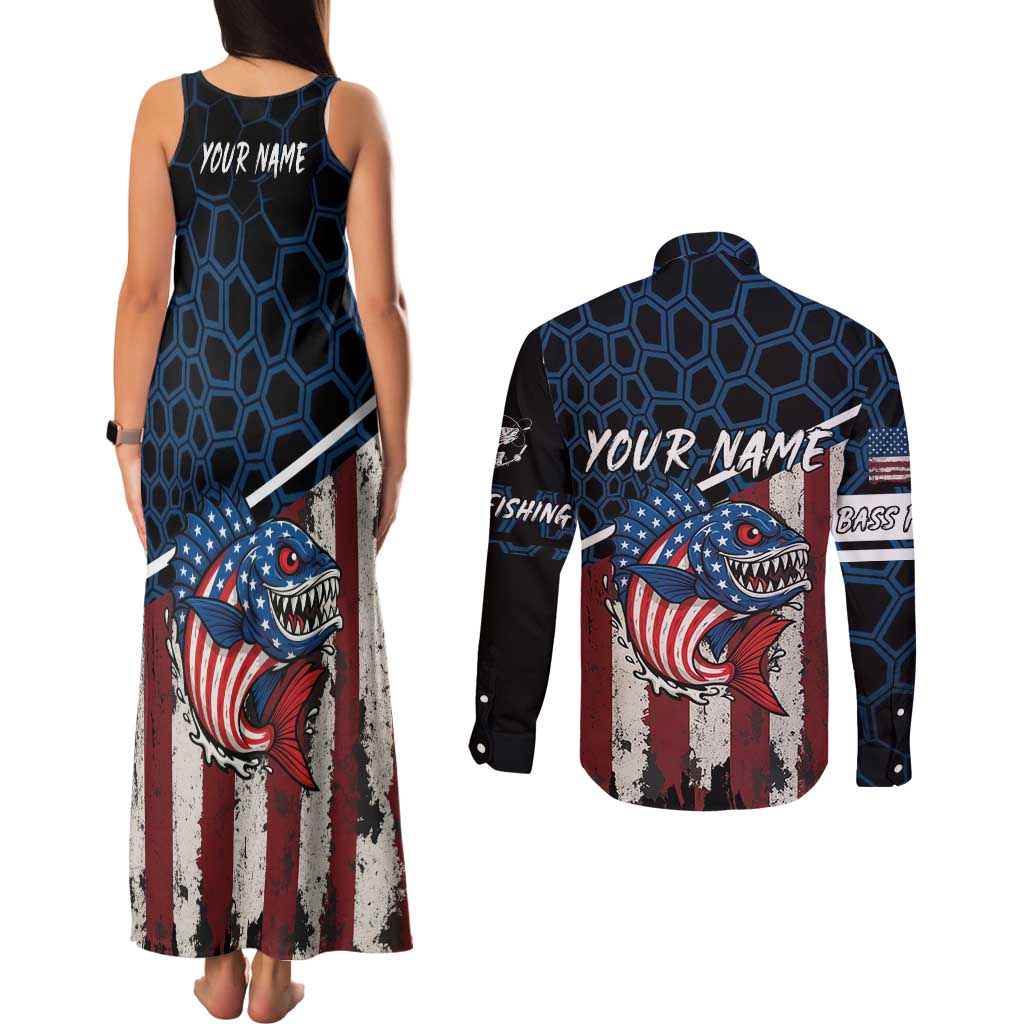 Aggressive Bass Fishing Couples Matching Tank Maxi Dress and Long Sleeve Button Shirt with American Flag Pattern on Grunge Hex Background - Wonder Print Shop