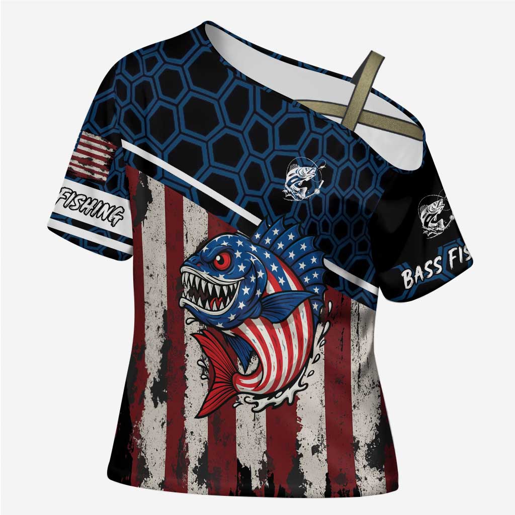 Aggressive Bass Fishing Cross Shoulder Shirt with American Flag Pattern on Grunge Hex Background - Wonder Print Shop
