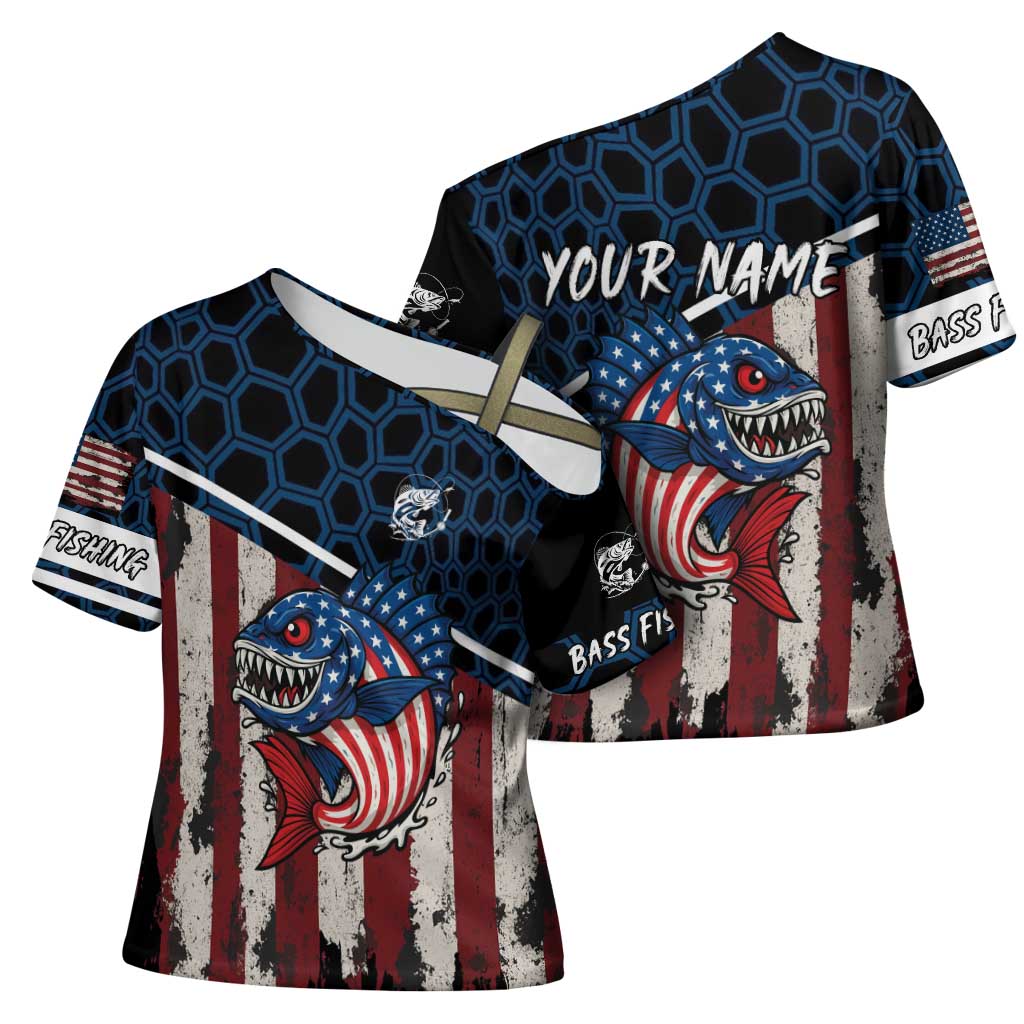 Aggressive Bass Fishing Cross Shoulder Shirt with American Flag Pattern on Grunge Hex Background - Wonder Print Shop