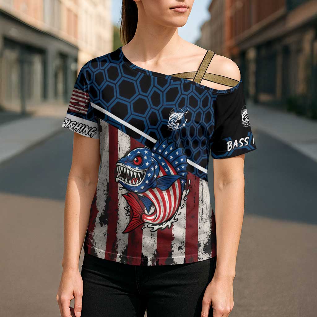 Aggressive Bass Fishing Cross Shoulder Shirt with American Flag Pattern on Grunge Hex Background - Wonder Print Shop