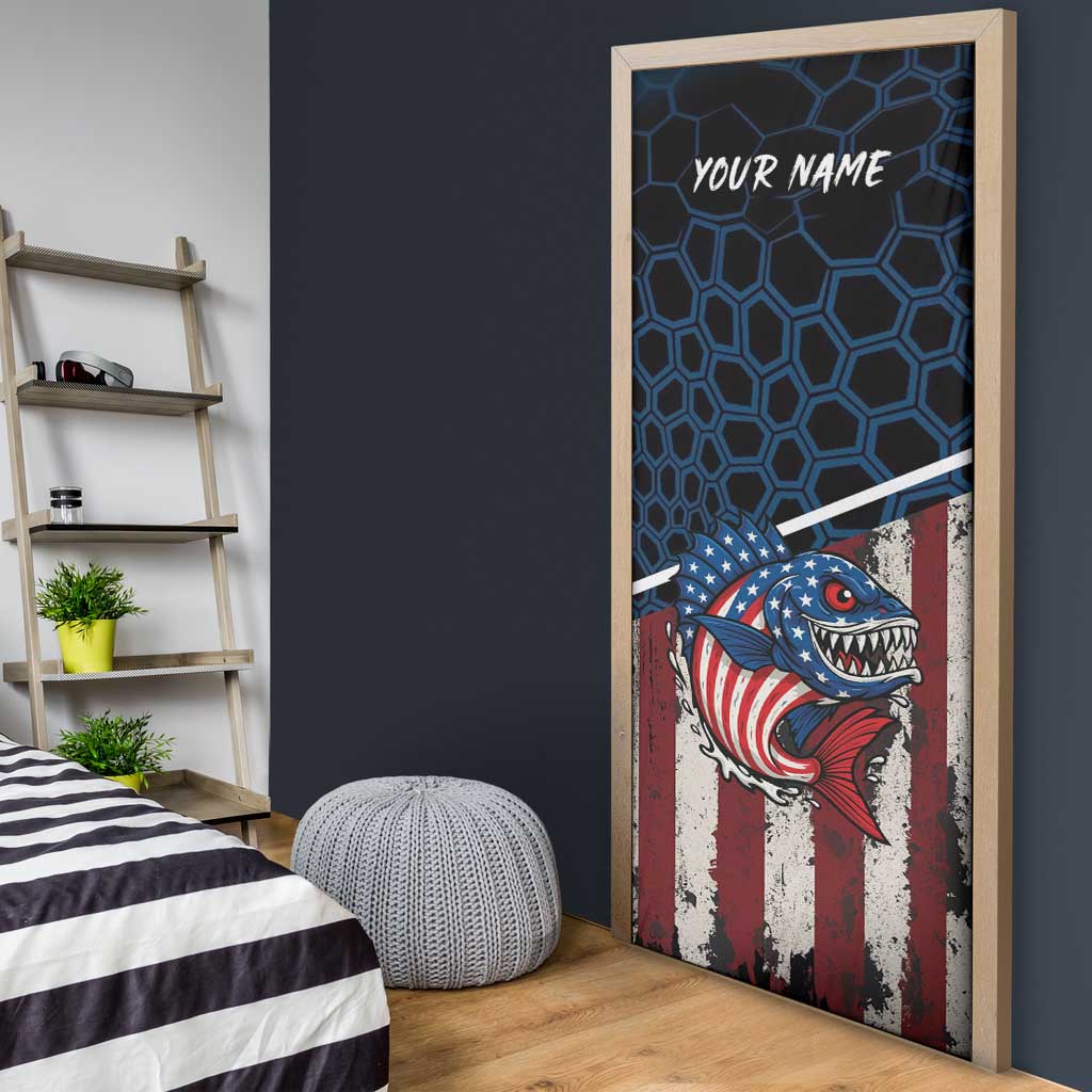 Aggressive Bass Fishing Door Cover with American Flag Pattern on Grunge Hex Background - Wonder Print Shop