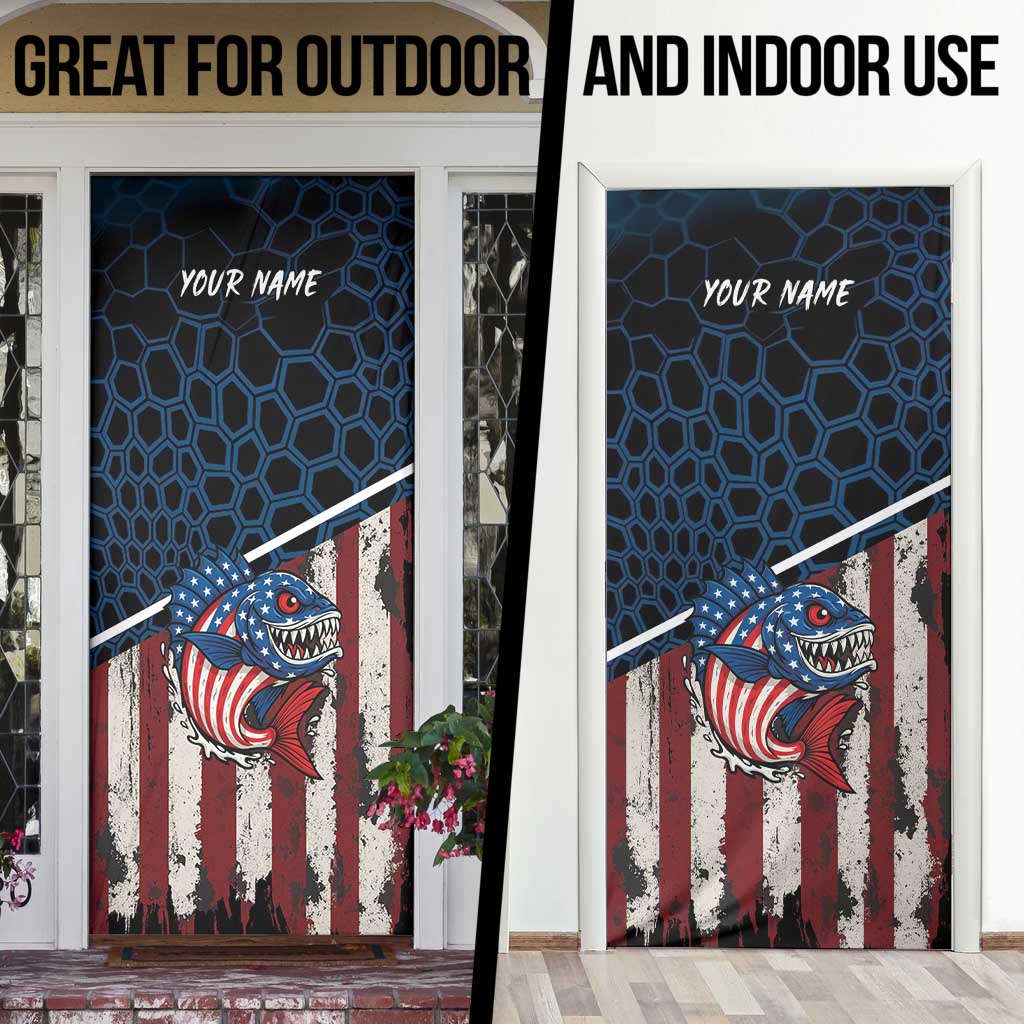 Aggressive Bass Fishing Door Cover with American Flag Pattern on Grunge Hex Background - Wonder Print Shop
