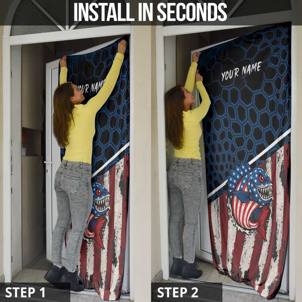 Aggressive Bass Fishing Door Cover with American Flag Pattern on Grunge Hex Background - Wonder Print Shop