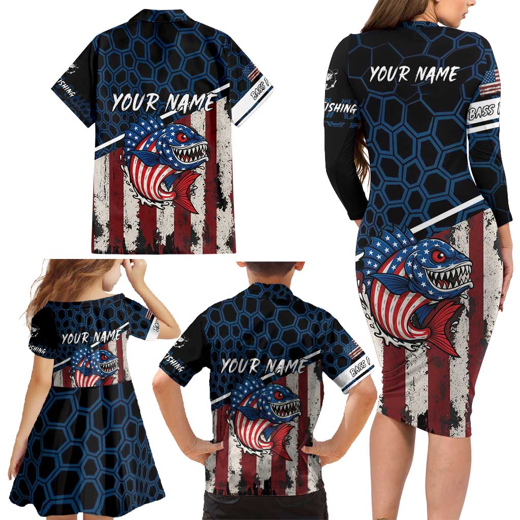 Aggressive Bass Fishing Family Matching Long Sleeve Bodycon Dress and Hawaiian Shirt with American Flag Pattern on Grunge Hex Background - Wonder Print Shop