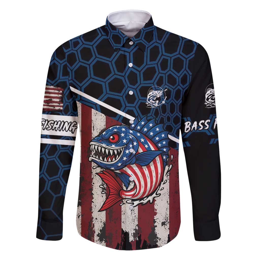 Aggressive Bass Fishing Family Matching Long Sleeve Bodycon Dress and Hawaiian Shirt with American Flag Pattern on Grunge Hex Background - Wonder Print Shop