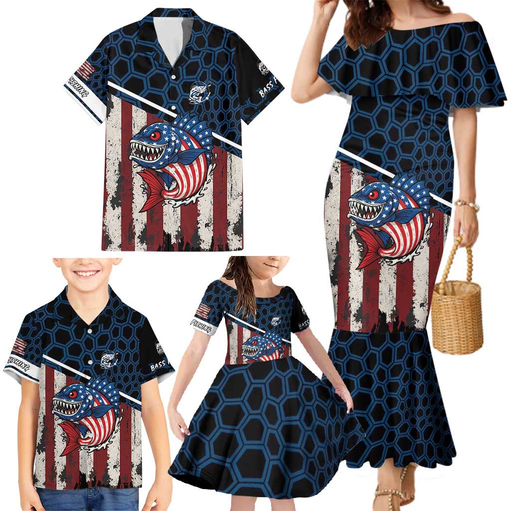 Aggressive Bass Fishing Family Matching Mermaid Dress and Hawaiian Shirt with American Flag Pattern on Grunge Hex Background - Wonder Print Shop