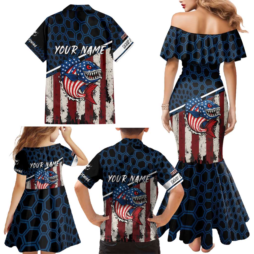 Aggressive Bass Fishing Family Matching Mermaid Dress and Hawaiian Shirt with American Flag Pattern on Grunge Hex Background - Wonder Print Shop