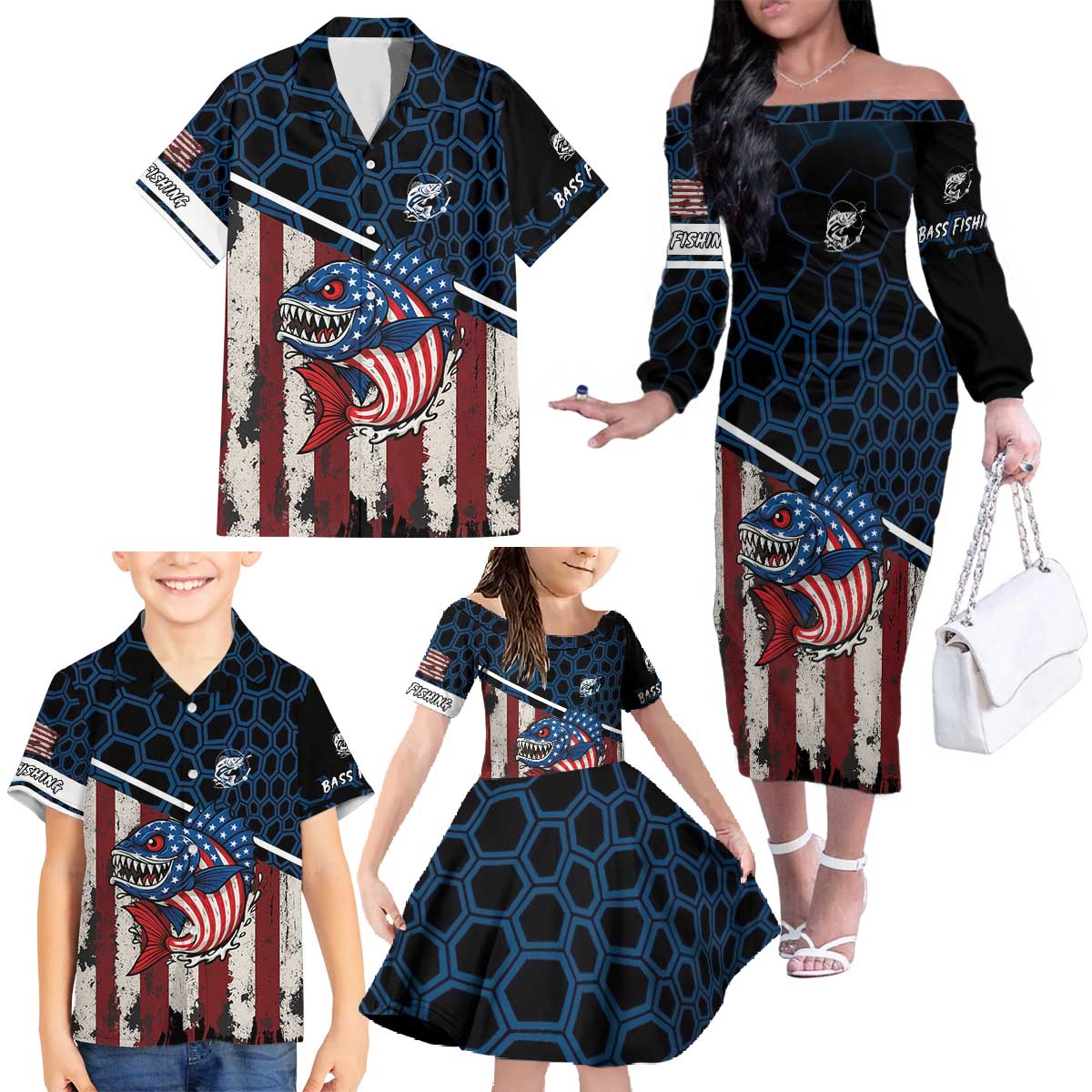 Aggressive Bass Fishing Family Matching Off The Shoulder Long Sleeve Dress and Hawaiian Shirt with American Flag Pattern on Grunge Hex Background - Wonder Print Shop