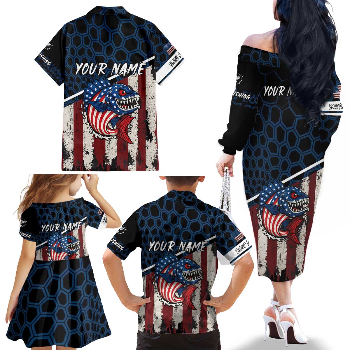 Aggressive Bass Fishing Family Matching Off The Shoulder Long Sleeve Dress and Hawaiian Shirt with American Flag Pattern on Grunge Hex Background - Wonder Print Shop