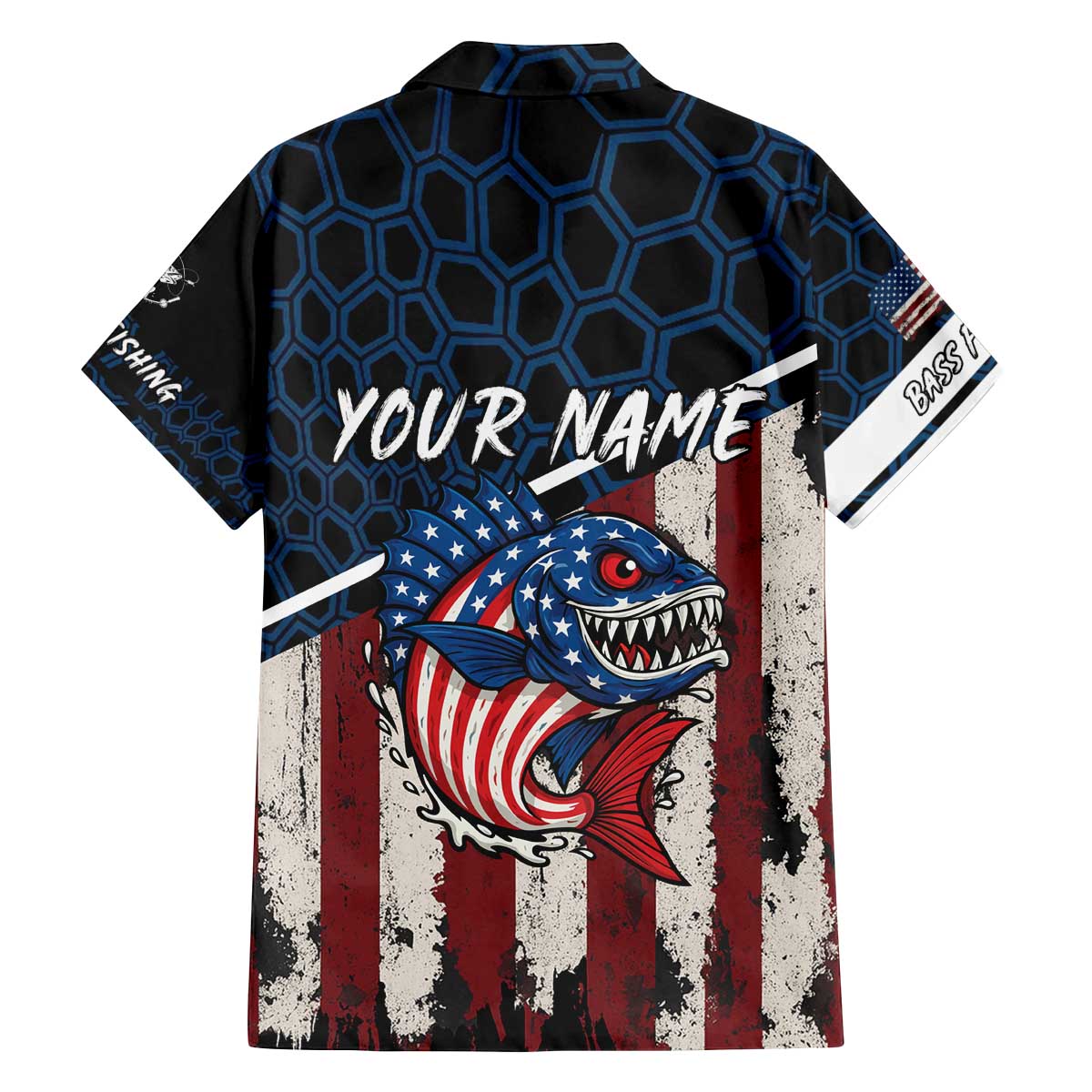 Aggressive Bass Fishing Family Matching Off The Shoulder Long Sleeve Dress and Hawaiian Shirt with American Flag Pattern on Grunge Hex Background - Wonder Print Shop