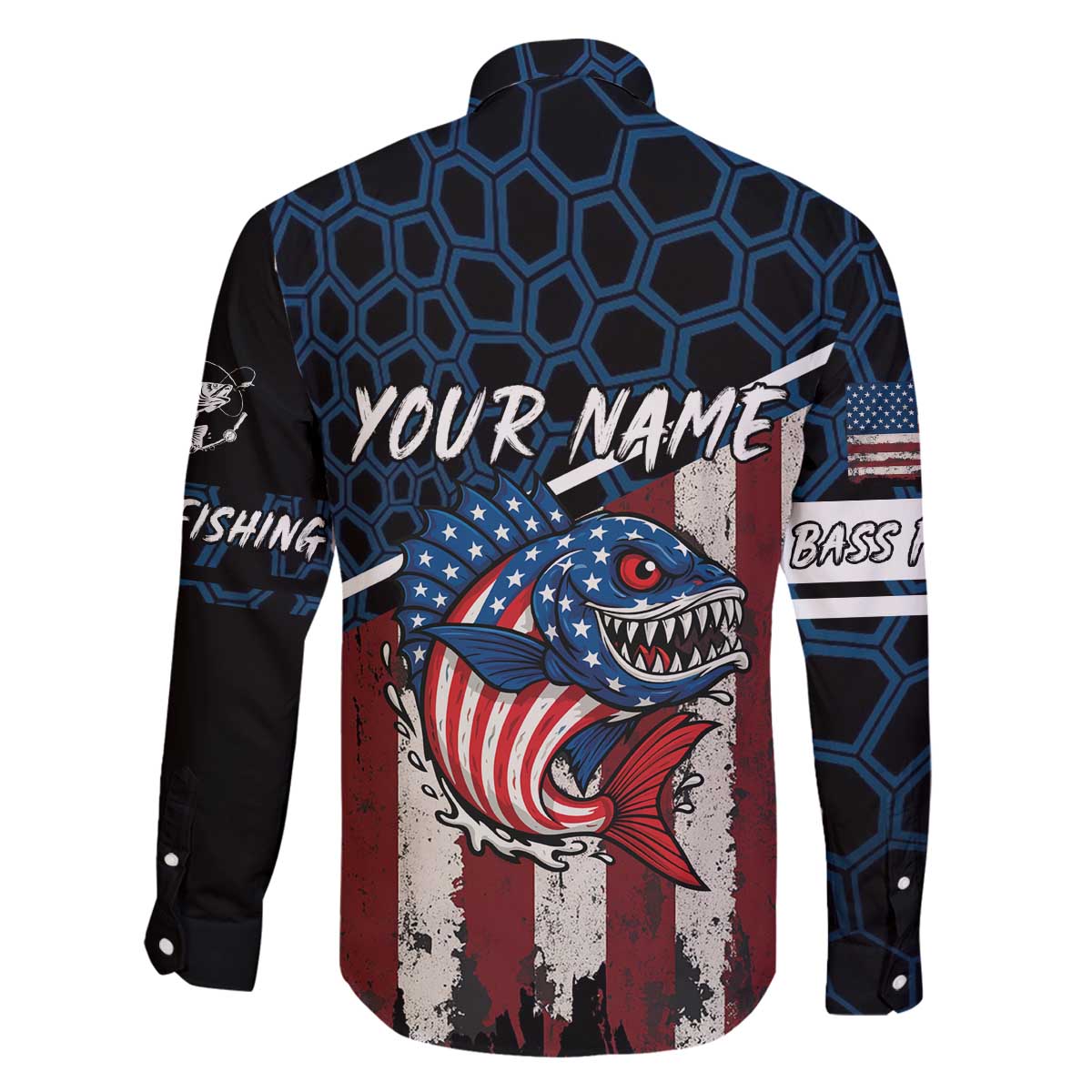 Aggressive Bass Fishing Family Matching Off The Shoulder Long Sleeve Dress and Hawaiian Shirt with American Flag Pattern on Grunge Hex Background - Wonder Print Shop