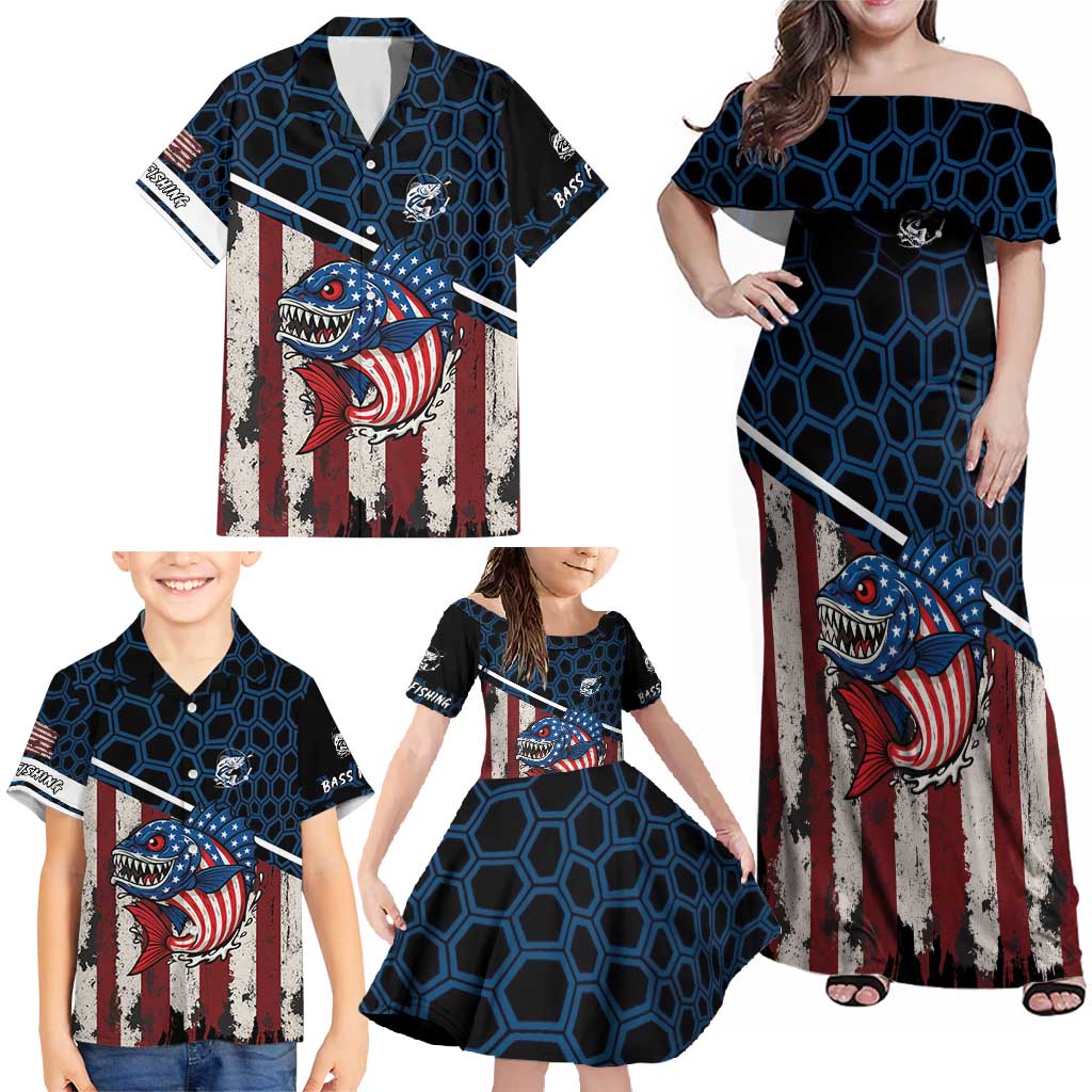 Aggressive Bass Fishing Family Matching Off Shoulder Maxi Dress and Hawaiian Shirt with American Flag Pattern on Grunge Hex Background - Wonder Print Shop
