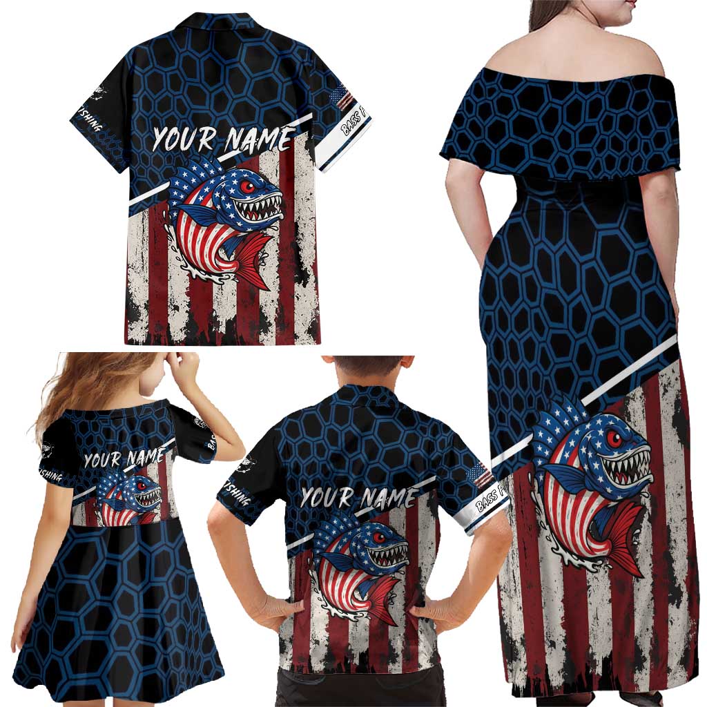 Aggressive Bass Fishing Family Matching Off Shoulder Maxi Dress and Hawaiian Shirt with American Flag Pattern on Grunge Hex Background - Wonder Print Shop
