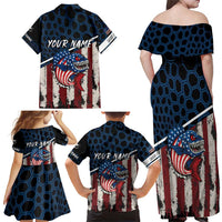 Aggressive Bass Fishing Family Matching Off Shoulder Maxi Dress and Hawaiian Shirt with American Flag Pattern on Grunge Hex Background - Wonder Print Shop